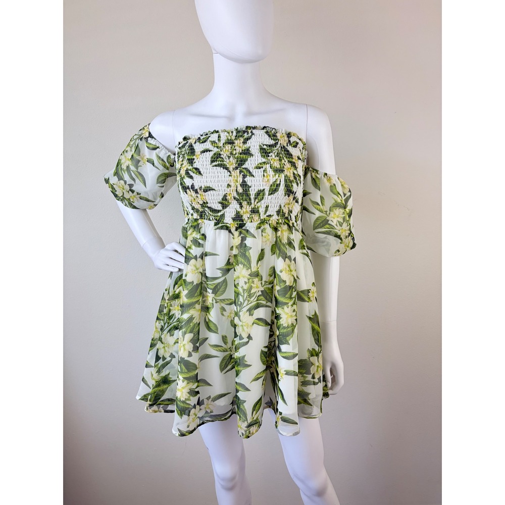 Betsey Johnson Fairycore Green Floral Smocked‎ Off Shoulder Mini Dress Small